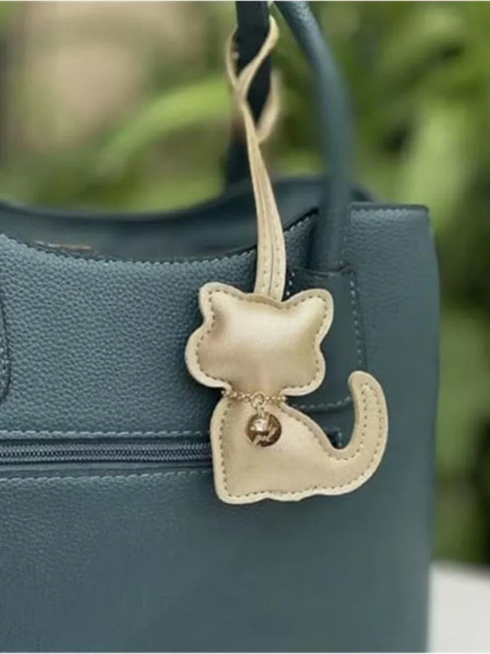 Gold Cat Vegan Leather Bag Charm Rhinestone Purse Keychain Handbag Accessory